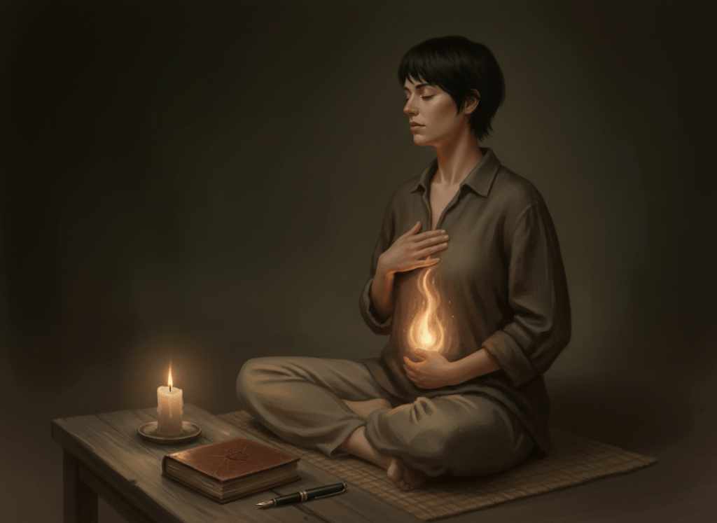 Eine Frau mit kurzem, fast schwarzem Haar in schlichtem Leinenhemd sitzt meditierend im Profil; ein warmer Feuerstrom steigt vom Solarplexus ins Herz. Vor ihr eine brennende Kerze, ein Buch mit Ledereinband und ein Füller.