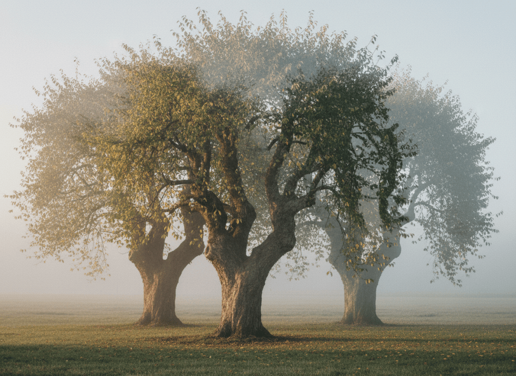 Fotografische Mehrfachbelichtung eines alten Sauerkirschbaums im Herbst: dasselbe Motiv mehrmals leicht versetzt und durchscheinend übereinander, in unterschiedlichem Licht.